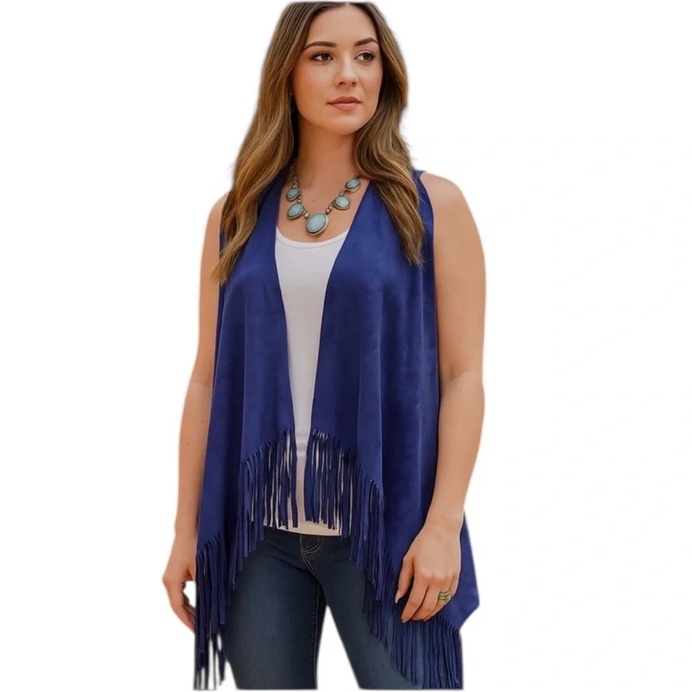 INC Suede Fringe Western Ranch Revival Boho Vest Blue Indigo New XS